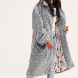 Free People Dusty Blue Teddy Bear Coat Floral Lining, Size M